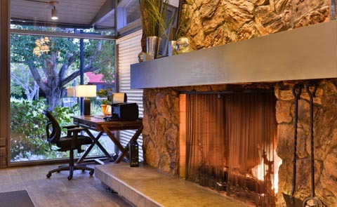 Hotel business center near fireplace