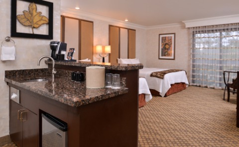 Hotel bedroom with one bed and bar